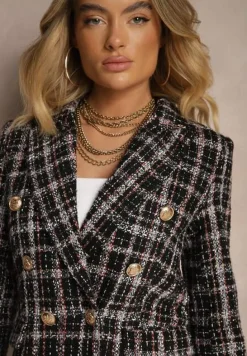 Czarna Dwurzędowa Marynarka z Błyszczącą Nicią i Poduszkami na Ramionach Elilona