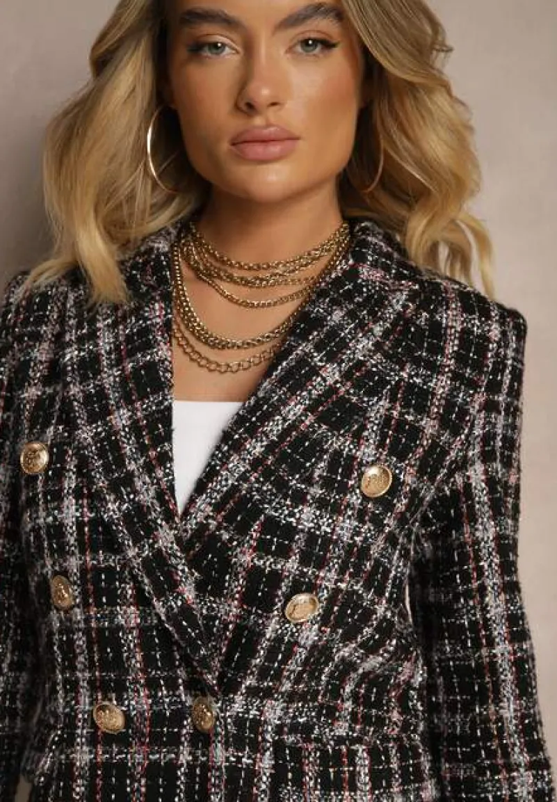 Czarna Dwurzędowa Marynarka z Błyszczącą Nicią i Poduszkami na Ramionach Elilona