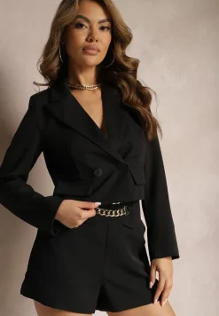 Czarna Dwurzędowa Marynarka o Krótkim Kroju z Imitacjami Kieszeni Anavipa