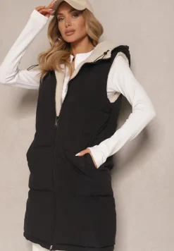 Czarna Dwustronna Kamizelka z Barankowym Futerkiem i Pikowanymi Przeszyciami z Kapturem Lertitana