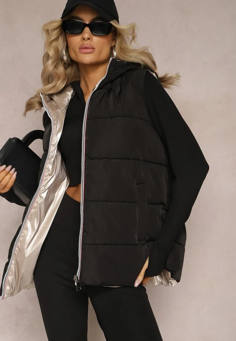 Czarna Dwustronna Kamizelka z Kapturem Zelini