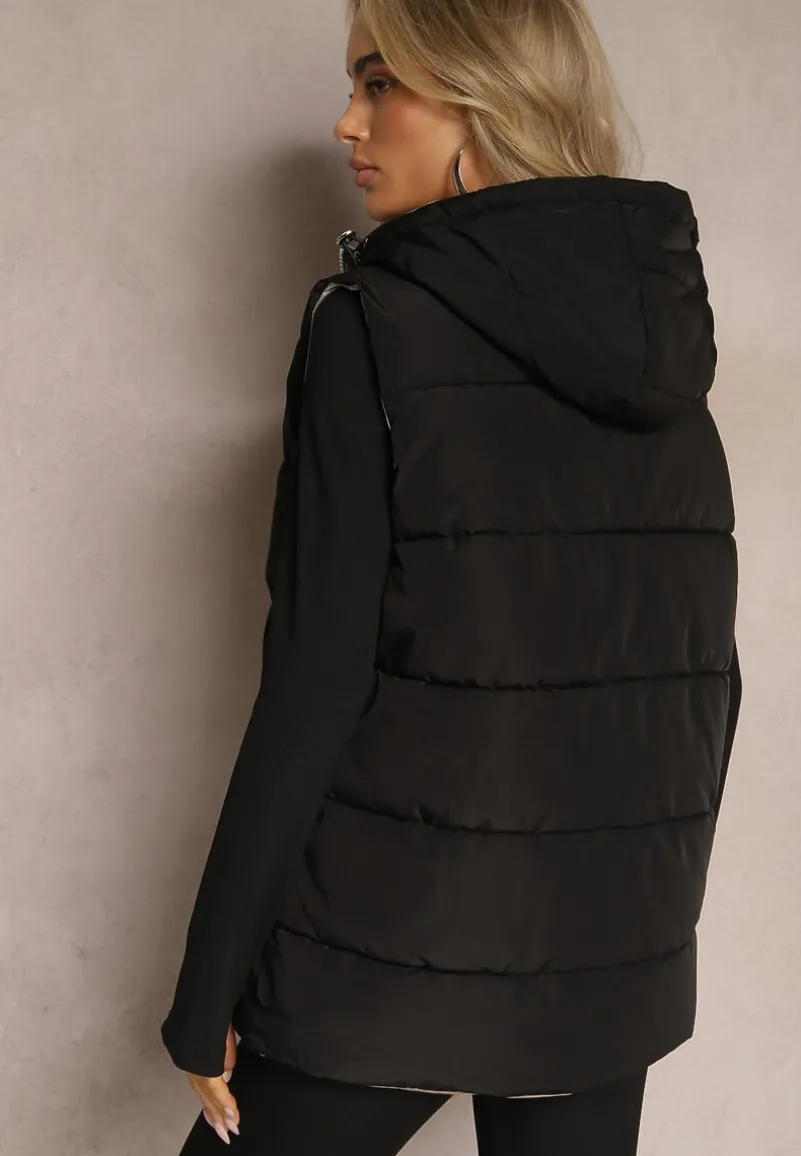 Czarna Dwustronna Kamizelka z Kapturem Zelini