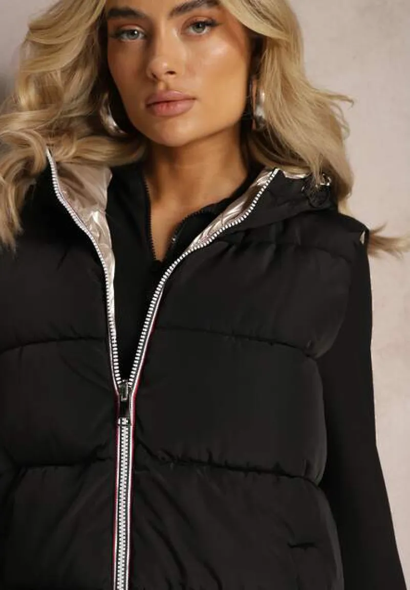 Czarna Dwustronna Kamizelka z Kapturem Zelini