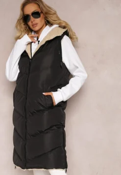 Czarna Dwustronna Kamizelka Pikowana z Futerkiem Madalan