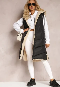 Czarna Dwustronna Kamizelka Pikowana z Futerkiem Madalan