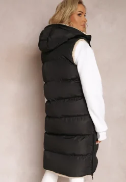 Czarna Dwustronna Kamizelka Pikowana z Futerkiem Madalan