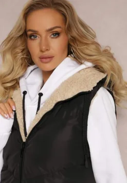 Czarna Dwustronna Kamizelka Pikowana z Futerkiem Madalan