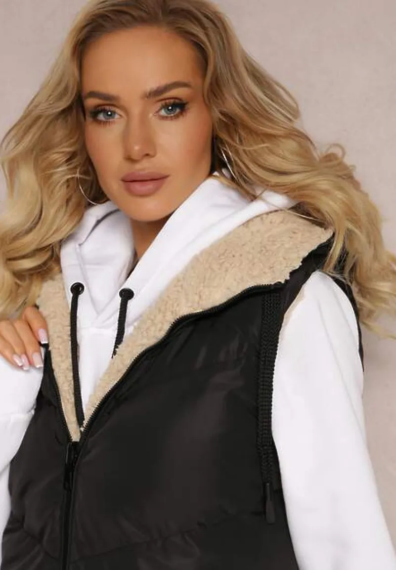 Czarna Dwustronna Kamizelka Pikowana z Futerkiem Madalan