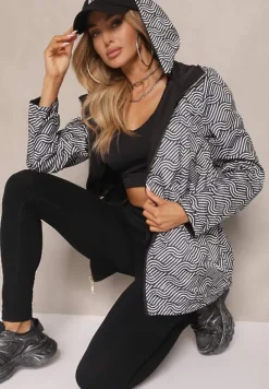 Czarna Dwustronna Kurtka o Kroju Parki z Kapturem z Możliwością Odpięcia Desitiela