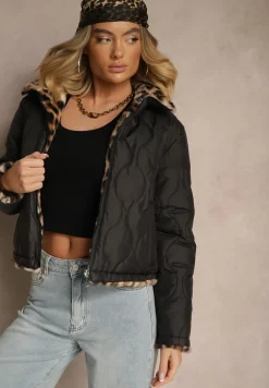 Czarna Dwustronna Kurtka z Pikowanymi Przeszyciami i Futerkiem w Panterkowy Wzór Cesita