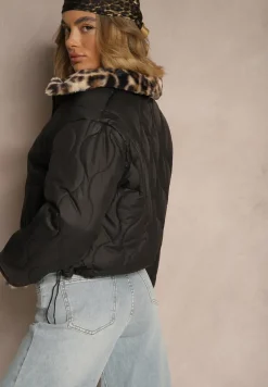 Czarna Dwustronna Kurtka z Pikowanymi Przeszyciami i Futerkiem w Panterkowy Wzór Cesita