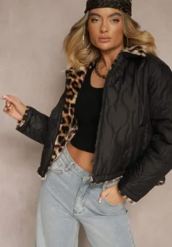 Czarna Dwustronna Kurtka z Pikowanymi Przeszyciami i Futerkiem w Panterkowy Wzór Cesita