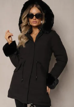 Czarna Dwustronna Kurtka o Fasonie Parki z Kapturem i Odpinanym Futerkiem Nevetalie
