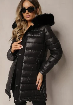 Czarna Dwustronna Kurtka o Fasonie Parki z Kapturem i Odpinanym Futerkiem Nevetalie