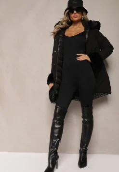 Czarna Dwustronna Kurtka o Fasonie Parki z Kapturem i Odpinanym Futerkiem Nevetalie