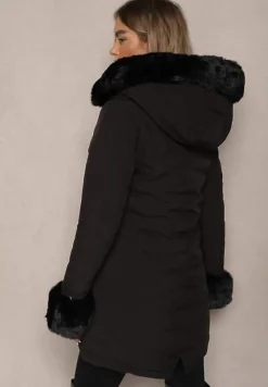 Czarna Dwustronna Kurtka o Fasonie Parki z Kapturem i Odpinanym Futerkiem Nevetalie