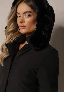 Czarna Dwustronna Kurtka o Fasonie Parki z Kapturem i Odpinanym Futerkiem Nevetalie