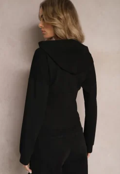 Czarna Dzianinowa Bluza o Gorsetowym Fasonie z Kapturem Kindra