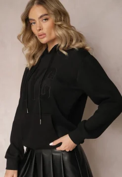 Czarna Dzianinowa Bluza Ocieplana z Nadrukiem Invta