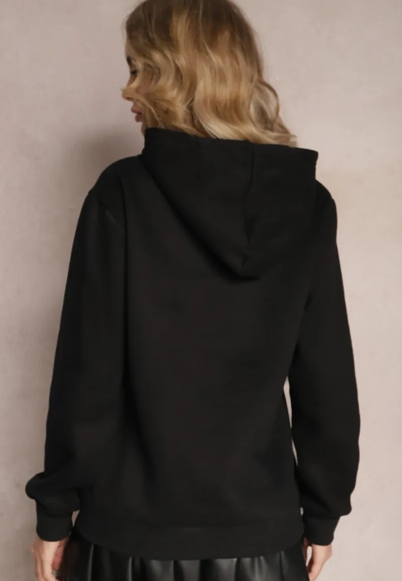 Czarna Dzianinowa Bluza Ocieplana z Nadrukiem Invta