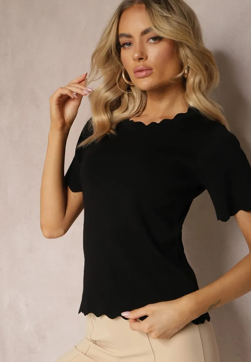 Czarna Dzianinowa Bluzka z Nieregularnymi Krawędziami Datria