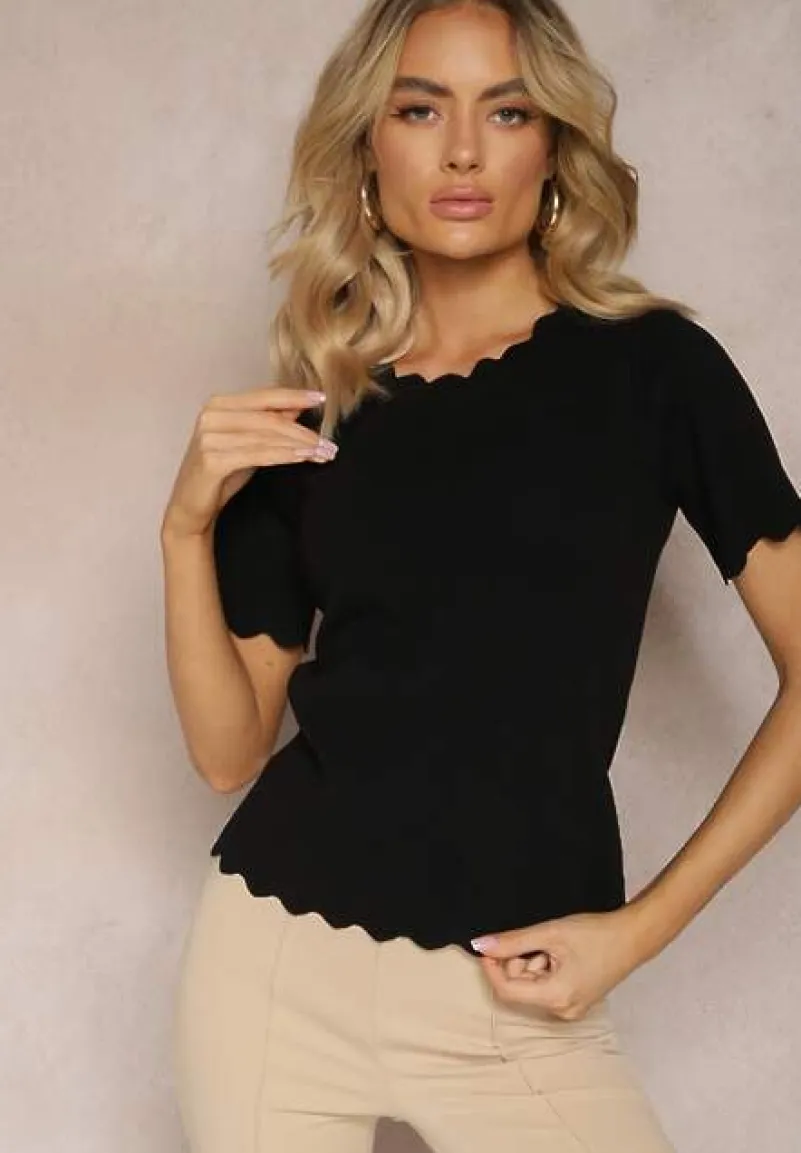 Czarna Dzianinowa Bluzka z Nieregularnymi Krawędziami Datria