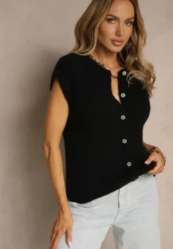 Czarna Dzianinowa Kamizelka z Moherem z Zapięciem na Guziki Vorlina