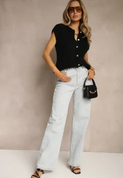 Czarna Dzianinowa Kamizelka z Moherem z Zapięciem na Guziki Vorlina