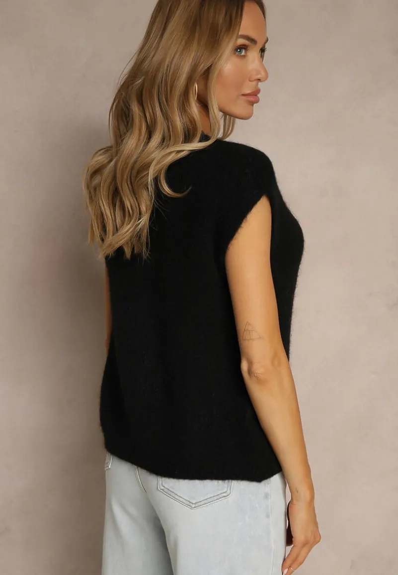 Czarna Dzianinowa Kamizelka z Moherem z Zapięciem na Guziki Vorlina