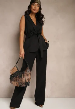 Czarna Elegancka Kamizelka z Wiązanym Paskiem i Wsuwanymi Kieszeniami Sirna