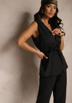 Czarna Elegancka Kamizelka z Wiązanym Paskiem i Wsuwanymi Kieszeniami Sirna