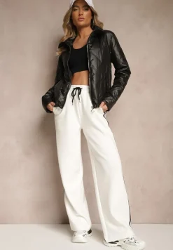 Czarna Elegancka Kurtka z Pikowanymi Przeszyciami Kołnierzykiem i Ściągaczem Fizana