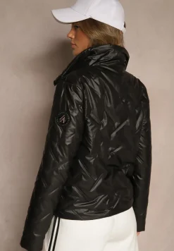 Czarna Elegancka Kurtka z Pikowanymi Przeszyciami Kołnierzykiem i Ściągaczem Fizana