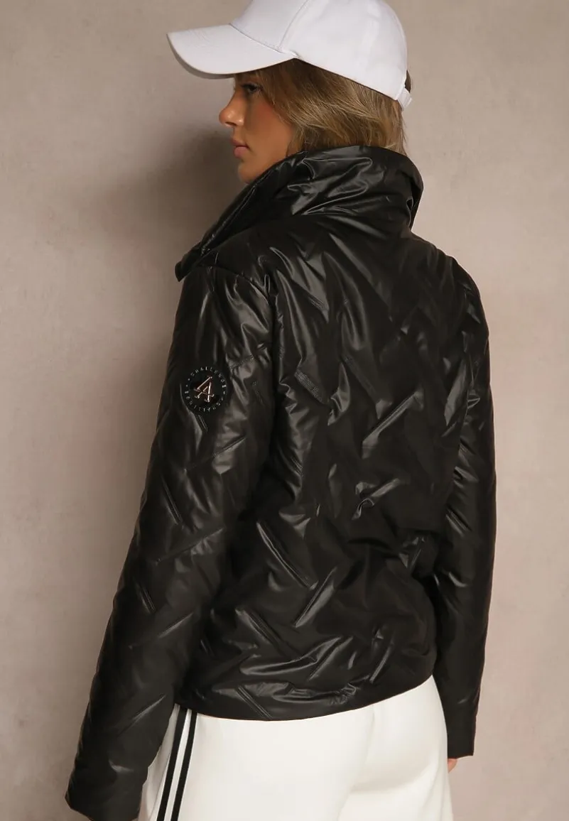 Czarna Elegancka Kurtka z Pikowanymi Przeszyciami Kołnierzykiem i Ściągaczem Fizana