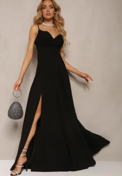 Czarna Elegancka Sukienka o Rozkloszowanym Kroju z Rozcięciem na Ramiączkach z Kopertowym Dekoltem Winelia