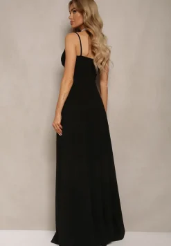 Czarna Elegancka Sukienka o Rozkloszowanym Kroju z Rozcięciem na Ramiączkach z Kopertowym Dekoltem Winelia