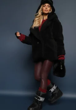 Czarna Futerkowa Kurtka Teddy z Kapturem z Wsuwanymi Kieszeniami Gerovia