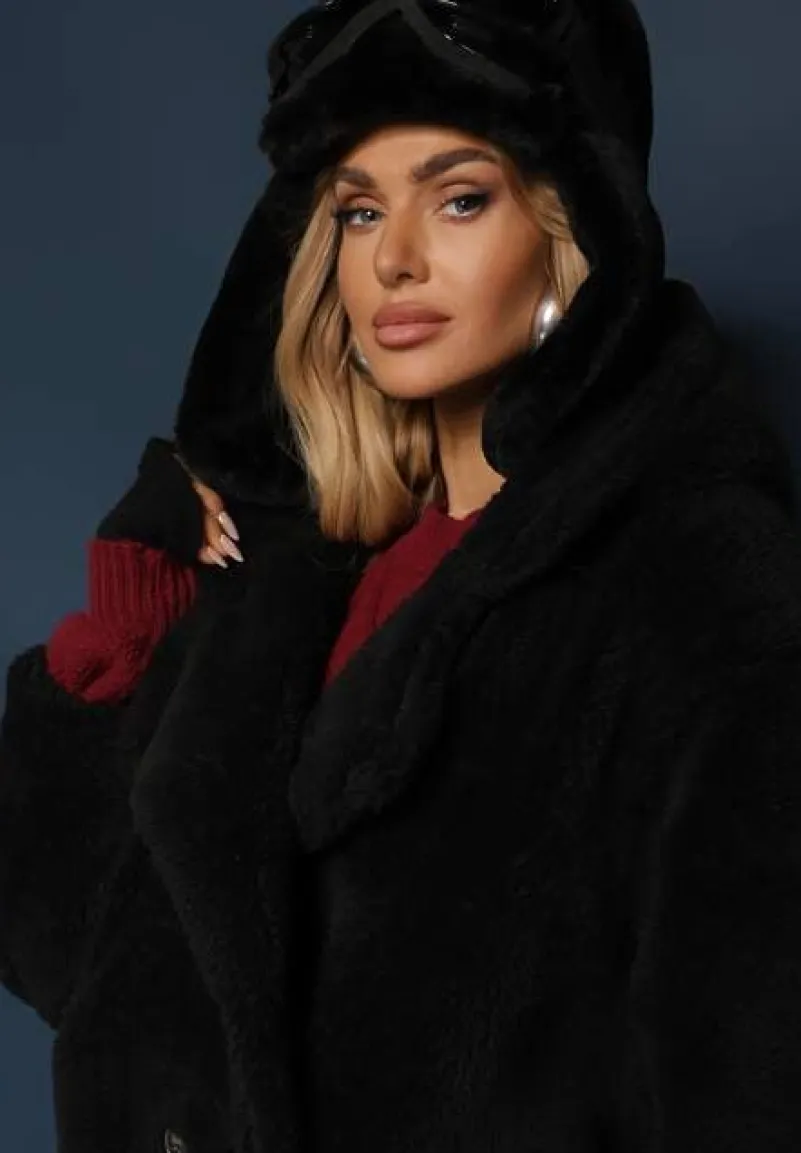 Czarna Futerkowa Kurtka Teddy z Kapturem z Wsuwanymi Kieszeniami Gerovia