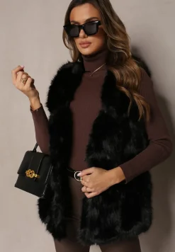 Czarna Futrzana Kamizelka z Wstawkami z Ekoskóry Lewja