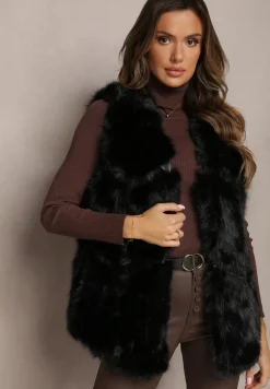 Czarna Futrzana Kamizelka z Wstawkami z Ekoskóry Lewja