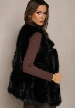 Czarna Futrzana Kamizelka z Wstawkami z Ekoskóry Lewja