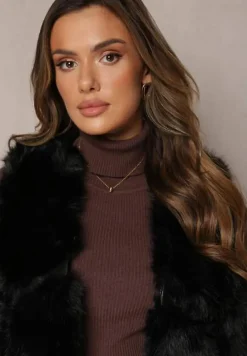 Czarna Futrzana Kamizelka z Wstawkami z Ekoskóry Lewja