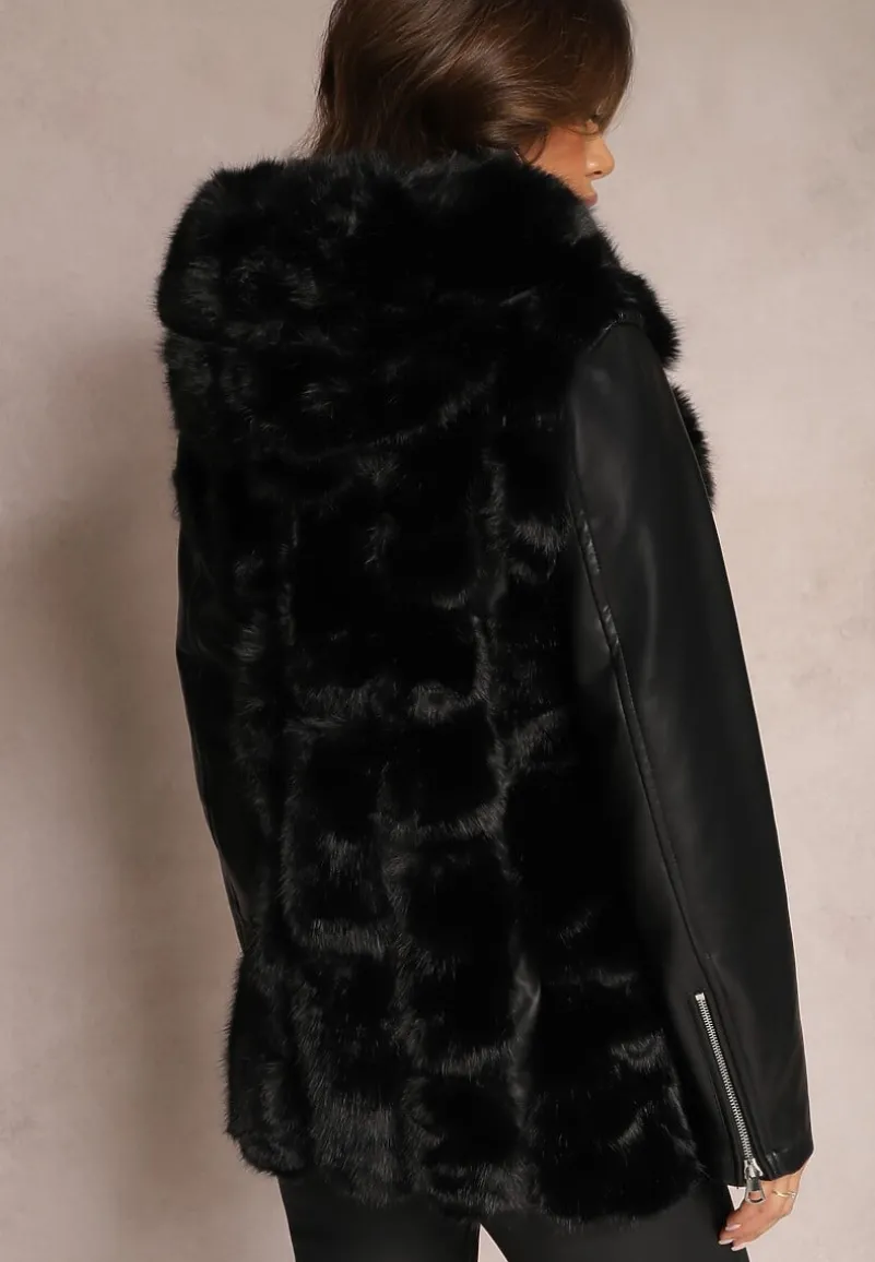 Czarna Futrzana Kamizelka z Kapturem Konessa