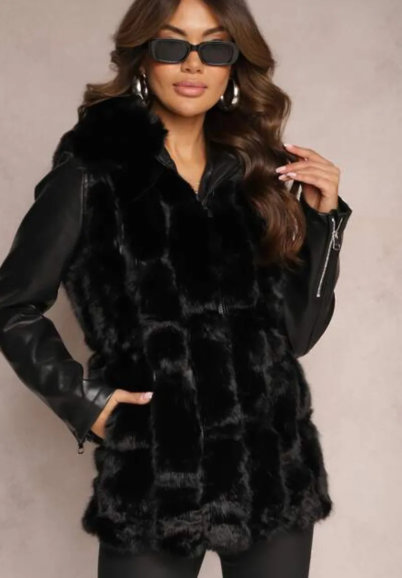 Czarna Futrzana Kamizelka z Kapturem Konessa