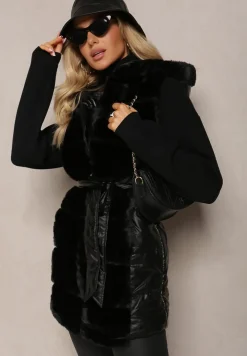 Czarna Futrzana Kamizelka Zasuwana z Wiązanym Paskiem Uvelian