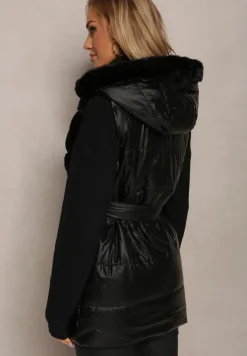 Czarna Futrzana Kamizelka Zasuwana z Wiązanym Paskiem Uvelian