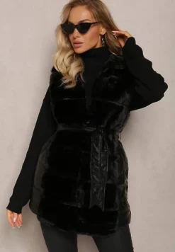 Czarna Futrzana Kamizelka Zasuwana z Wiązanym Paskiem Uvelian