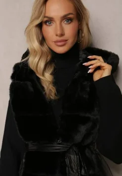 Czarna Futrzana Kamizelka Zasuwana z Wiązanym Paskiem Uvelian