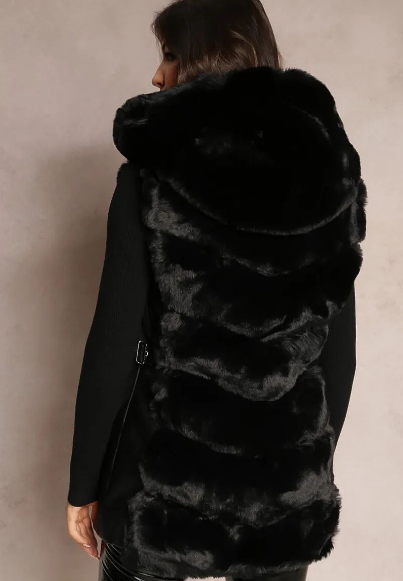 Czarna Futrzana Kamizelka z Kapturem Kornelssa