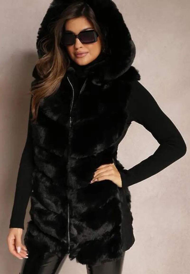 Czarna Futrzana Kamizelka z Kapturem Kornelssa